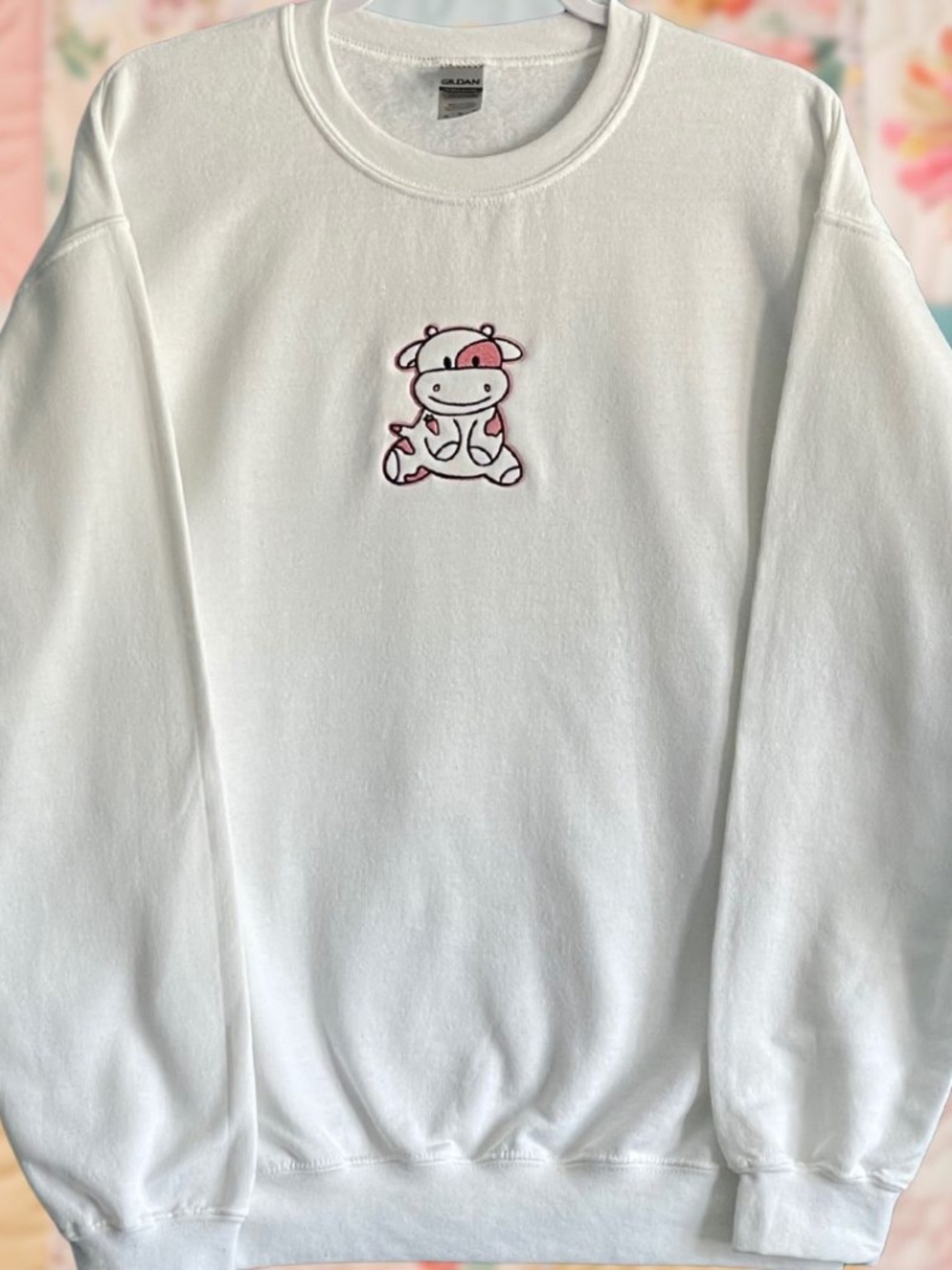Embroidered Strawberry Cow White Crewneck Sweatshirt